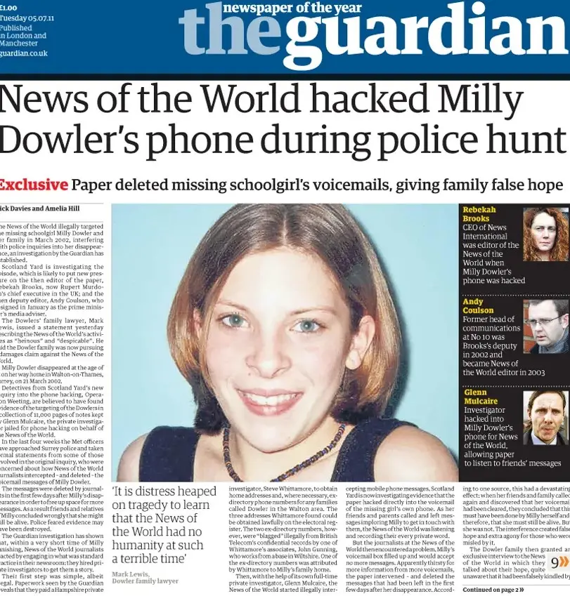 Первая полоса The Guardian от 5 июля 2011 года с расследованием прослушки телефонов журналистами News of the World